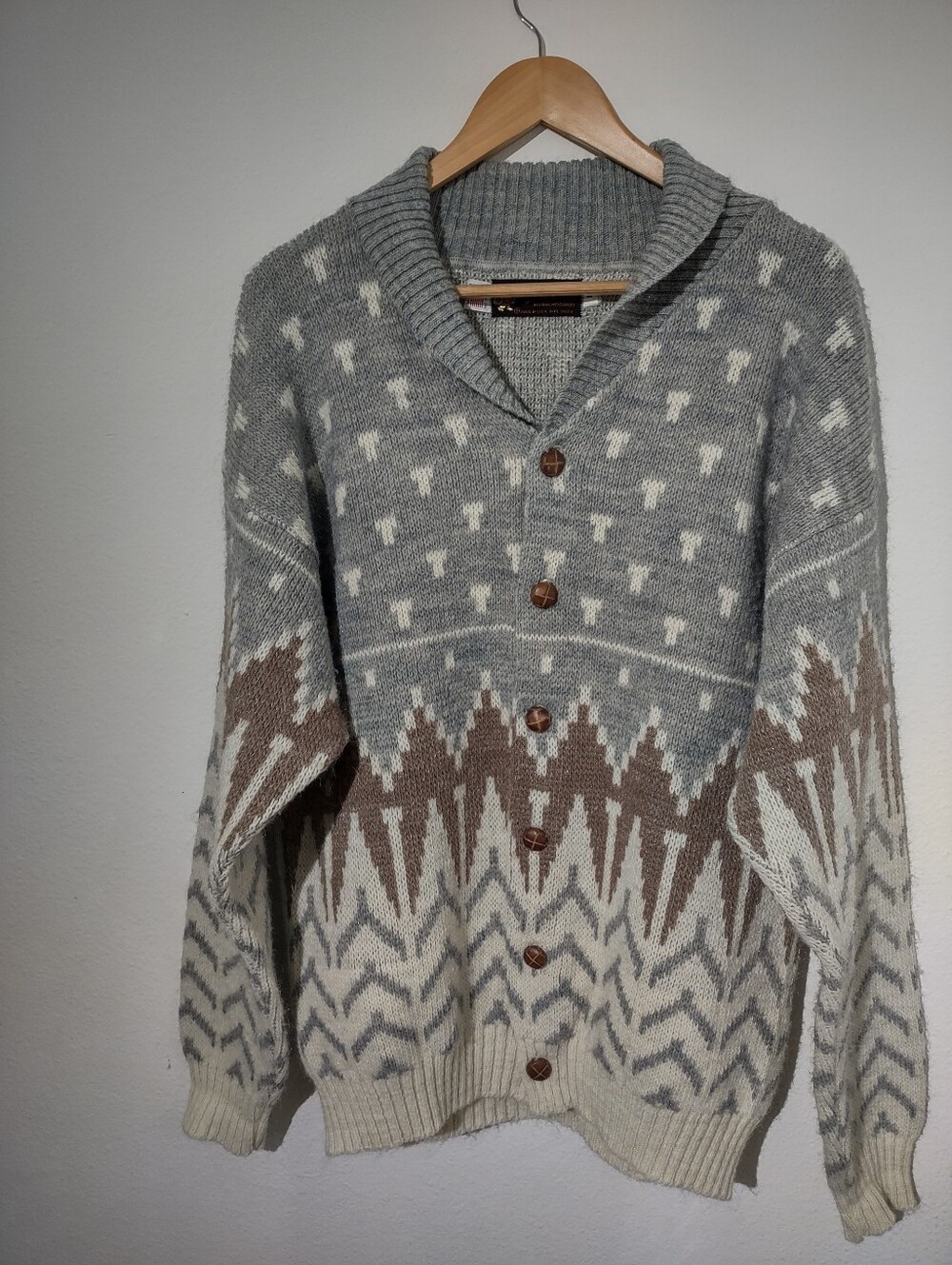 Vintage Unisex L Fair Isle Shawl Collar Cardigan Sweater Gray Cream Made in USA